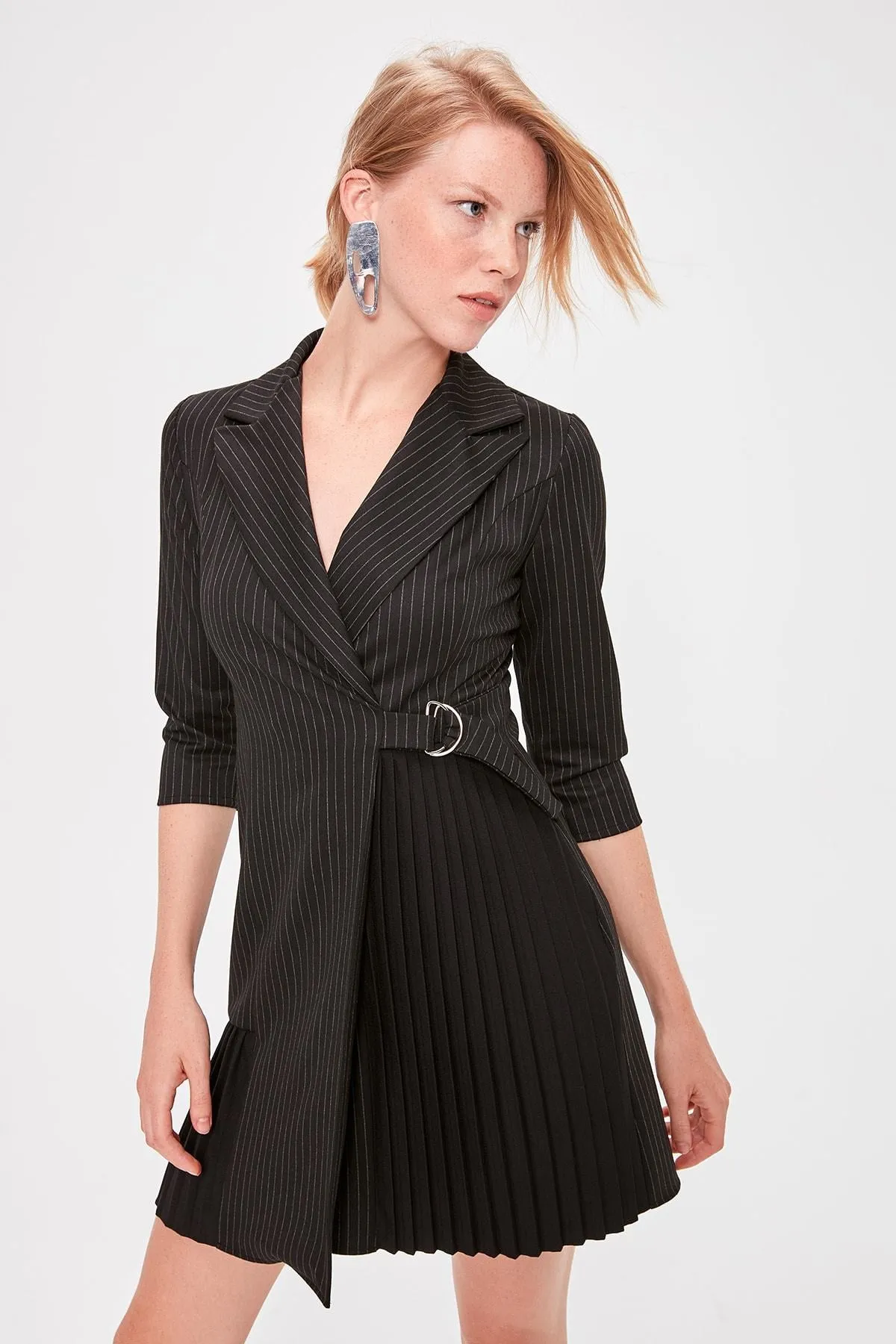 12809 Black Striped Pleated Detail Jacket Dress