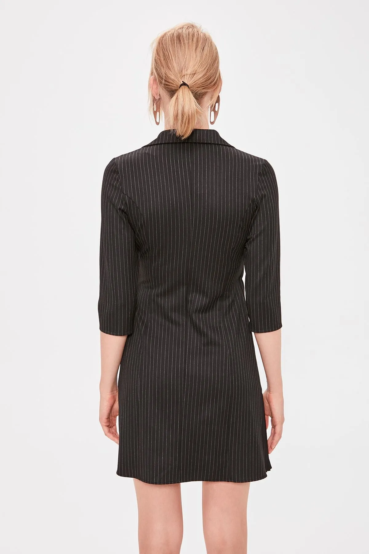 12809 Black Striped Pleated Detail Jacket Dress