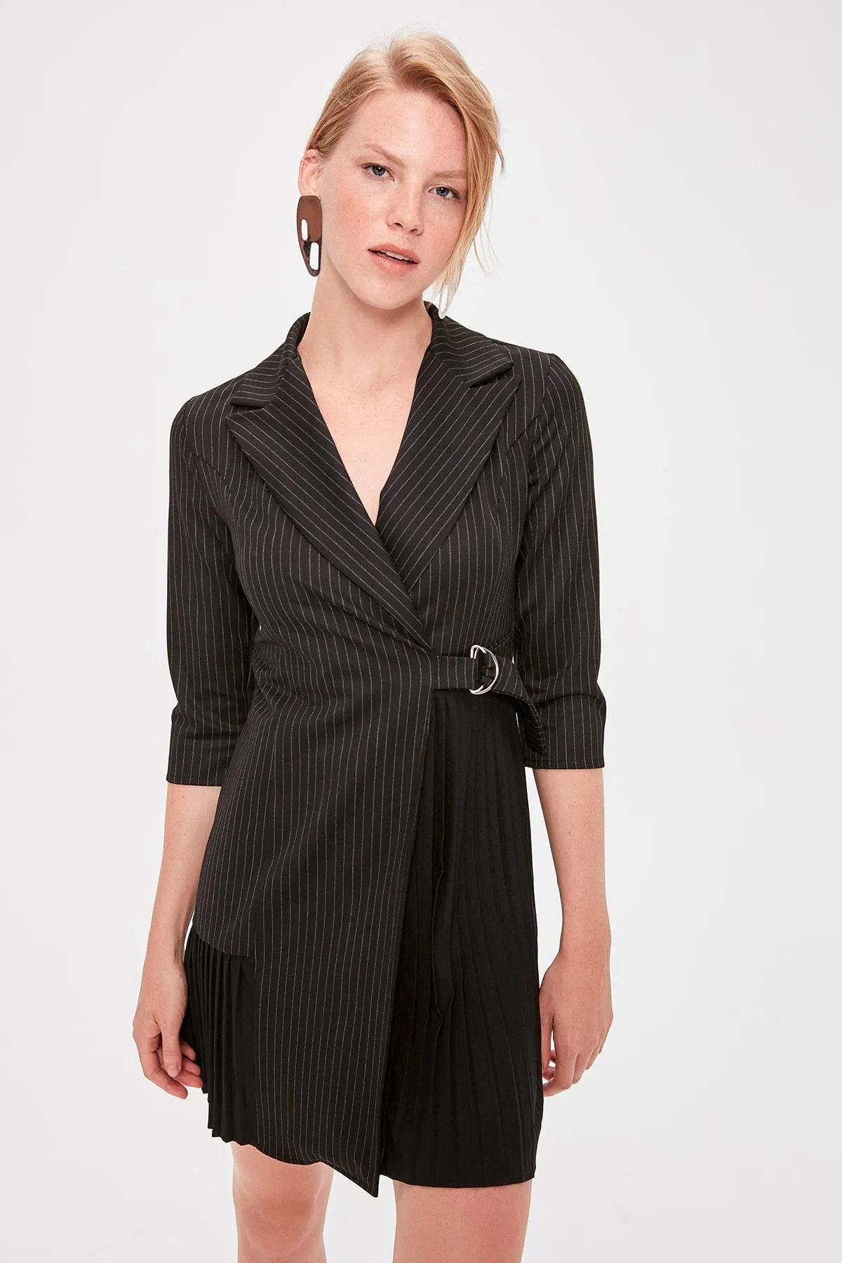 12809 Black Striped Pleated Detail Jacket Dress