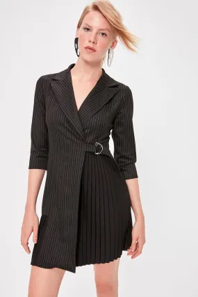 12809 Black Striped Pleated Detail Jacket Dress