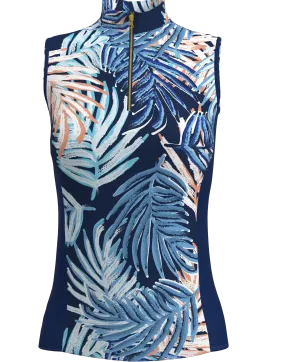 AB SPORT Women's Leaf Print Sleeveless Zip Mock Polo GP03-LEAFNN
