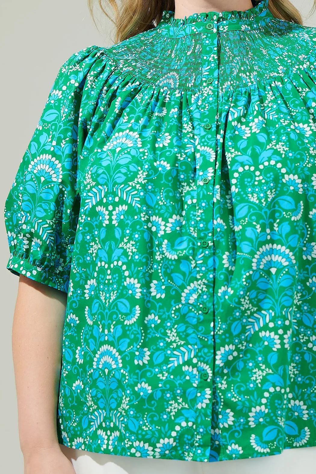 Alina Floral Smocked Mock Neck Top Curve