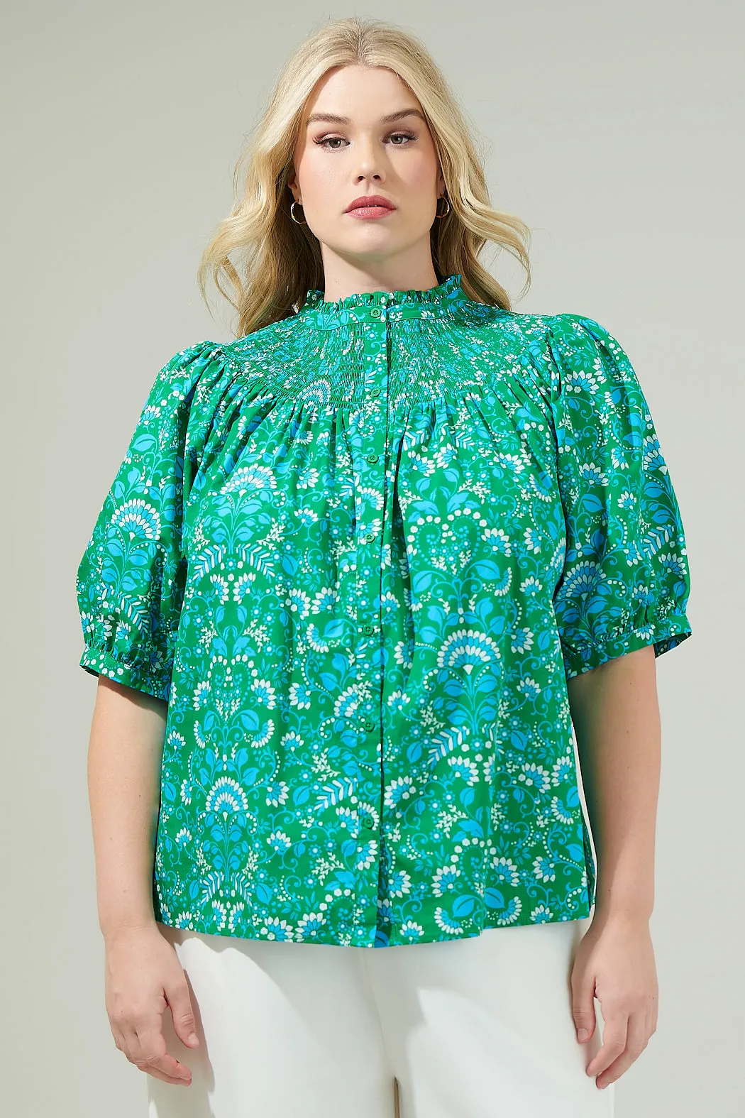 Alina Floral Smocked Mock Neck Top Curve