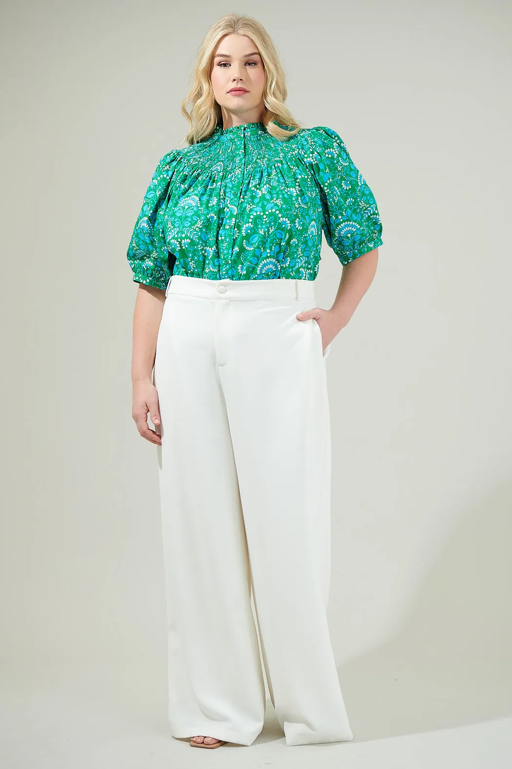 Alina Floral Smocked Mock Neck Top Curve