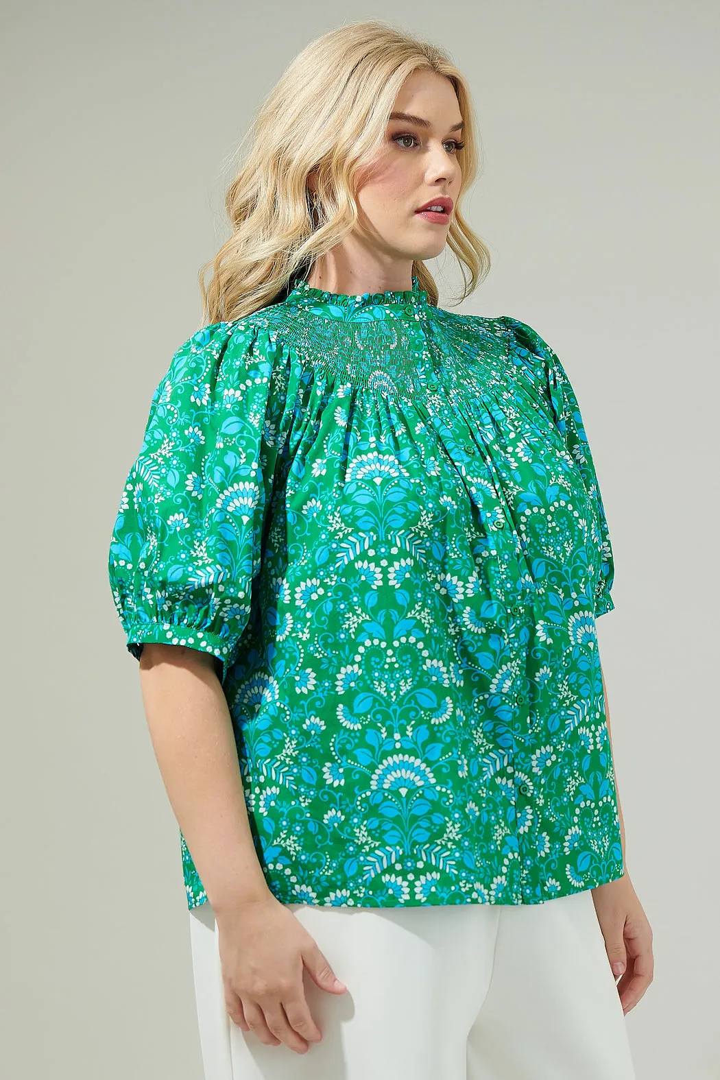 Alina Floral Smocked Mock Neck Top Curve