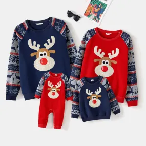 Christmas Family Matching Fleece Lined Raglan-sleeve Reindeer Embroidered Sweatshirts
