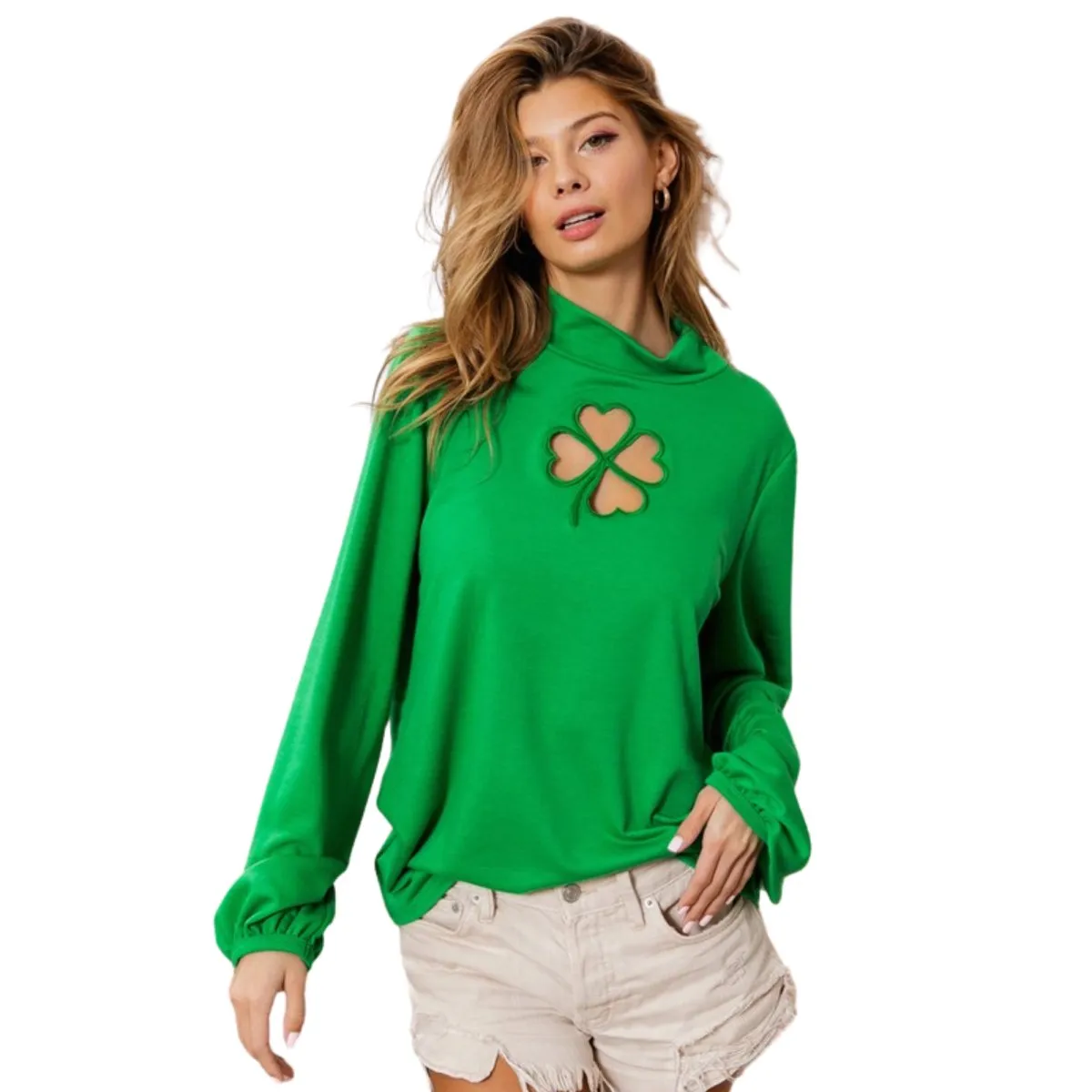 Ft Front Clover Cut Out Mock Neck Puff Sleeves Top