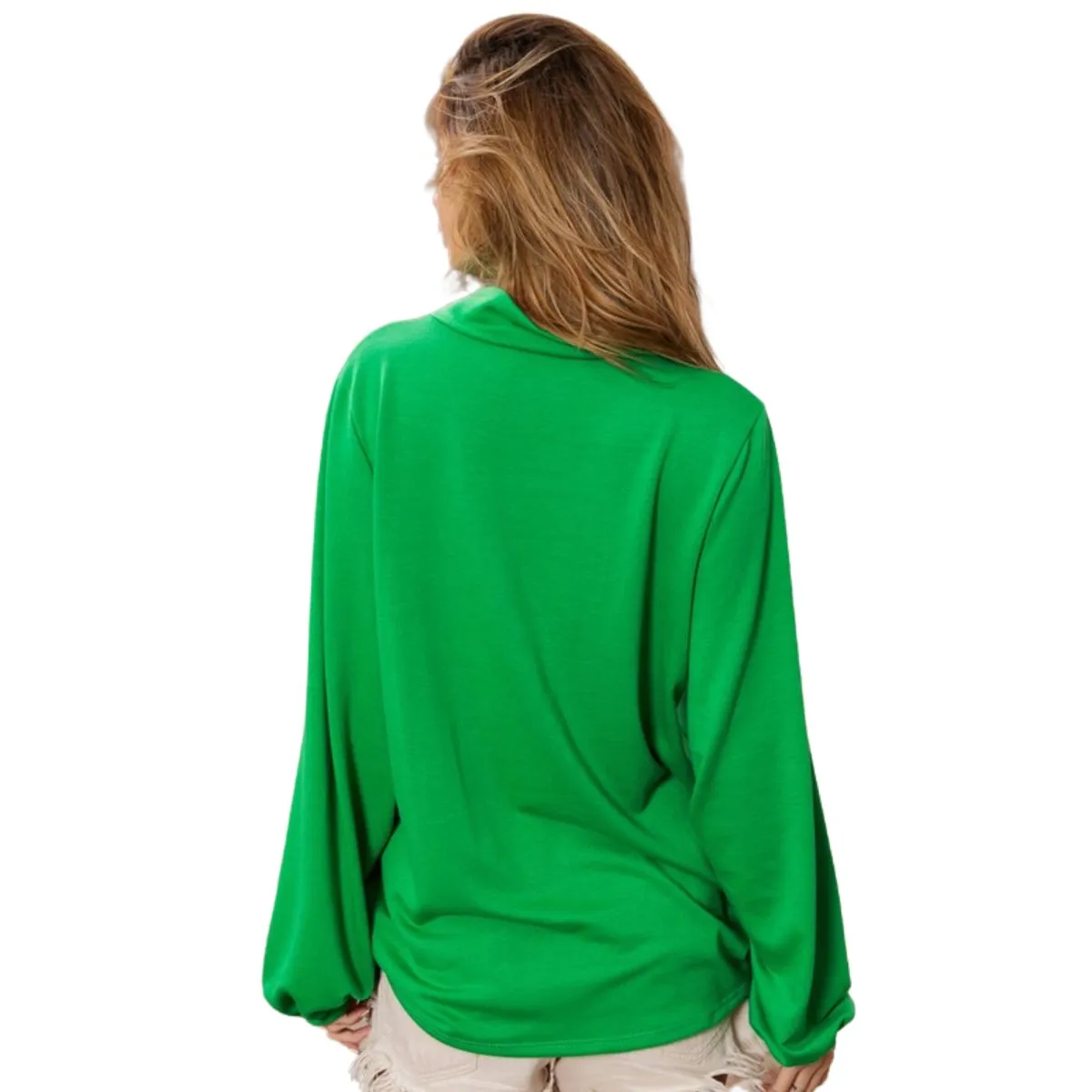 Ft Front Clover Cut Out Mock Neck Puff Sleeves Top