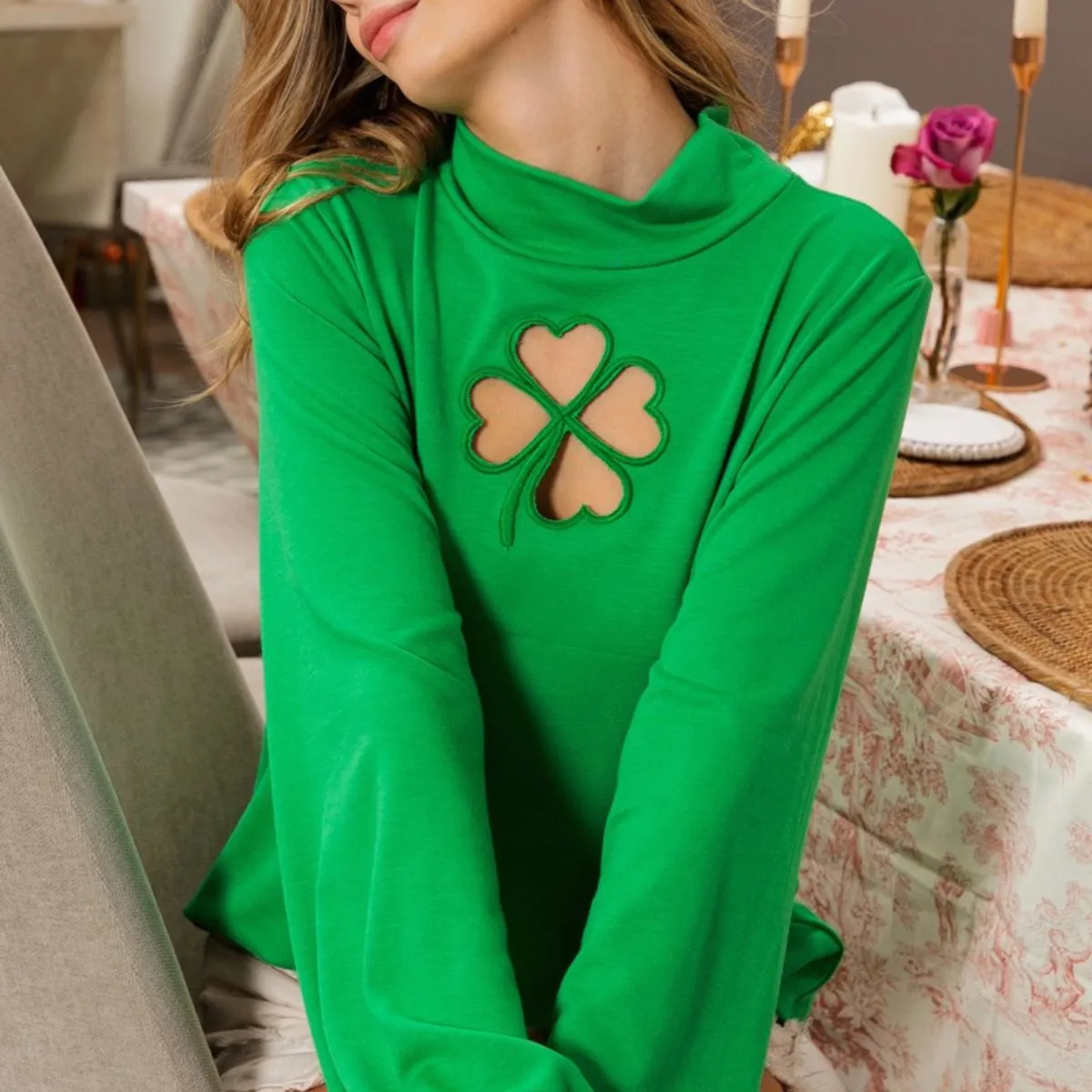 Ft Front Clover Cut Out Mock Neck Puff Sleeves Top