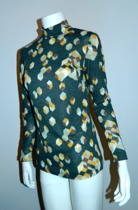 MOD 1960s geometric print shirt / vintage charcoal cubist top XS