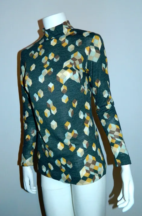 MOD 1960s geometric print shirt / vintage charcoal cubist top XS
