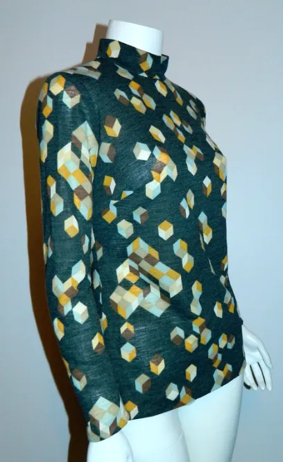 MOD 1960s geometric print shirt / vintage charcoal cubist top XS