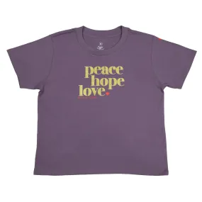 PEACE HOPE LOVE - Dusty Purple Cropped Wide Boxy Tee - Gold Glitter Print