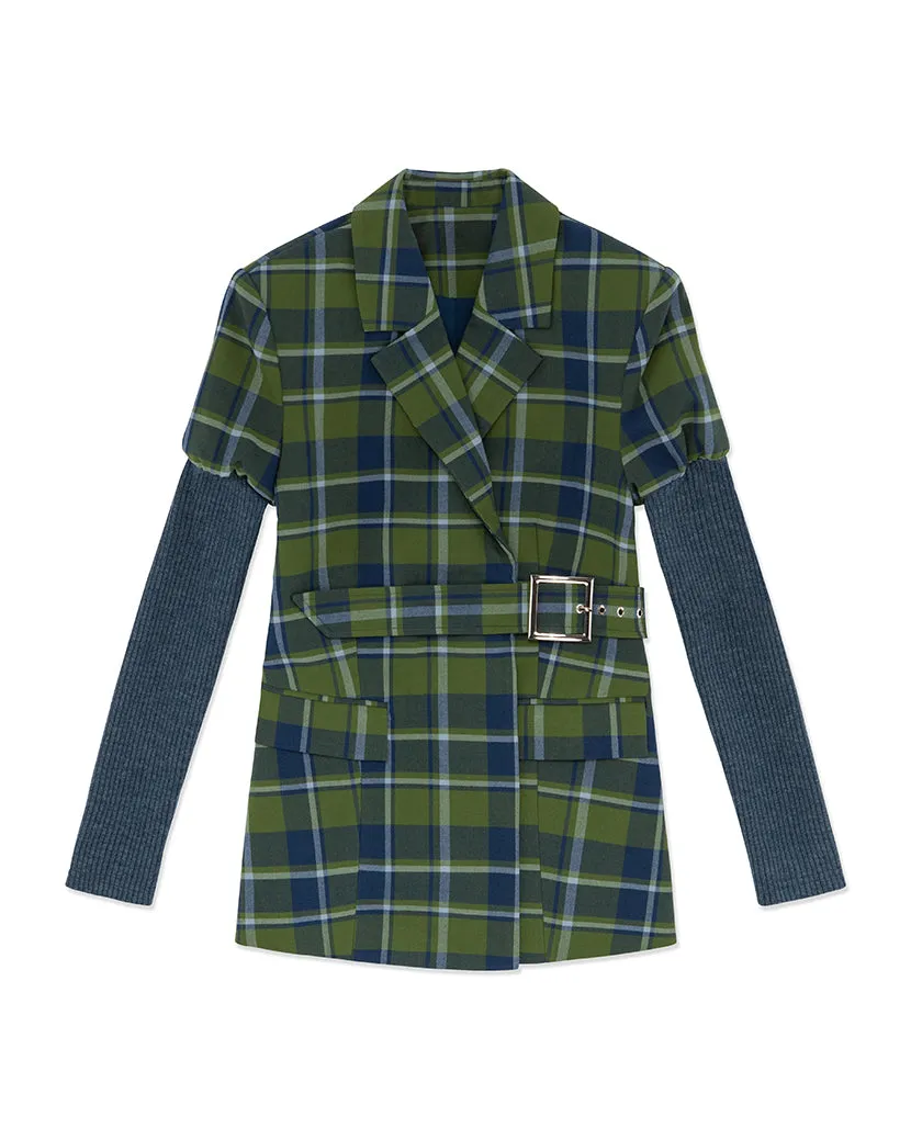 Rib Sleeve Classic Plaid Blazer