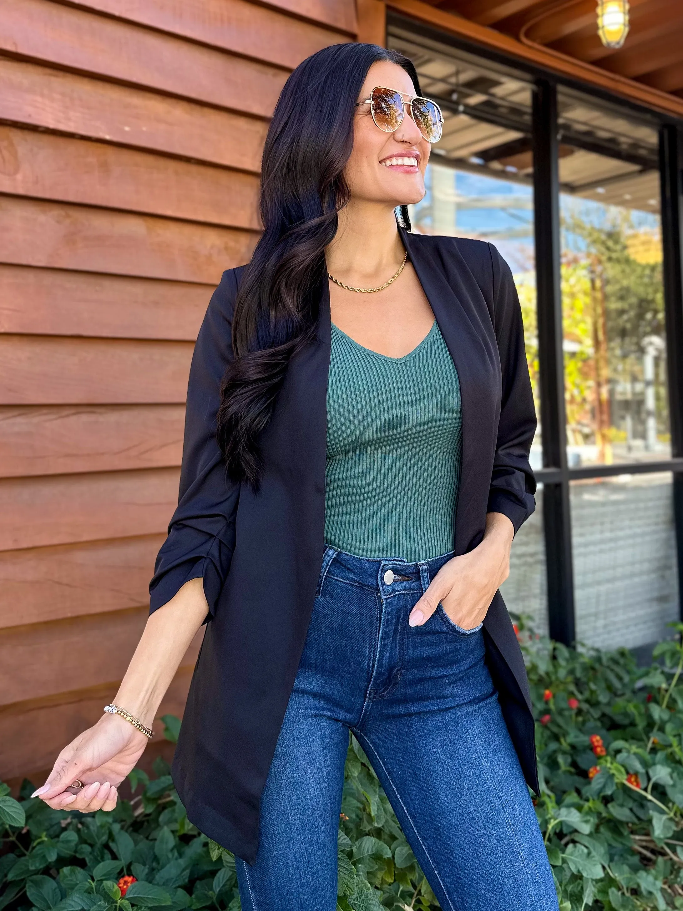 Ruched Sleeve Longline Blazer - Black