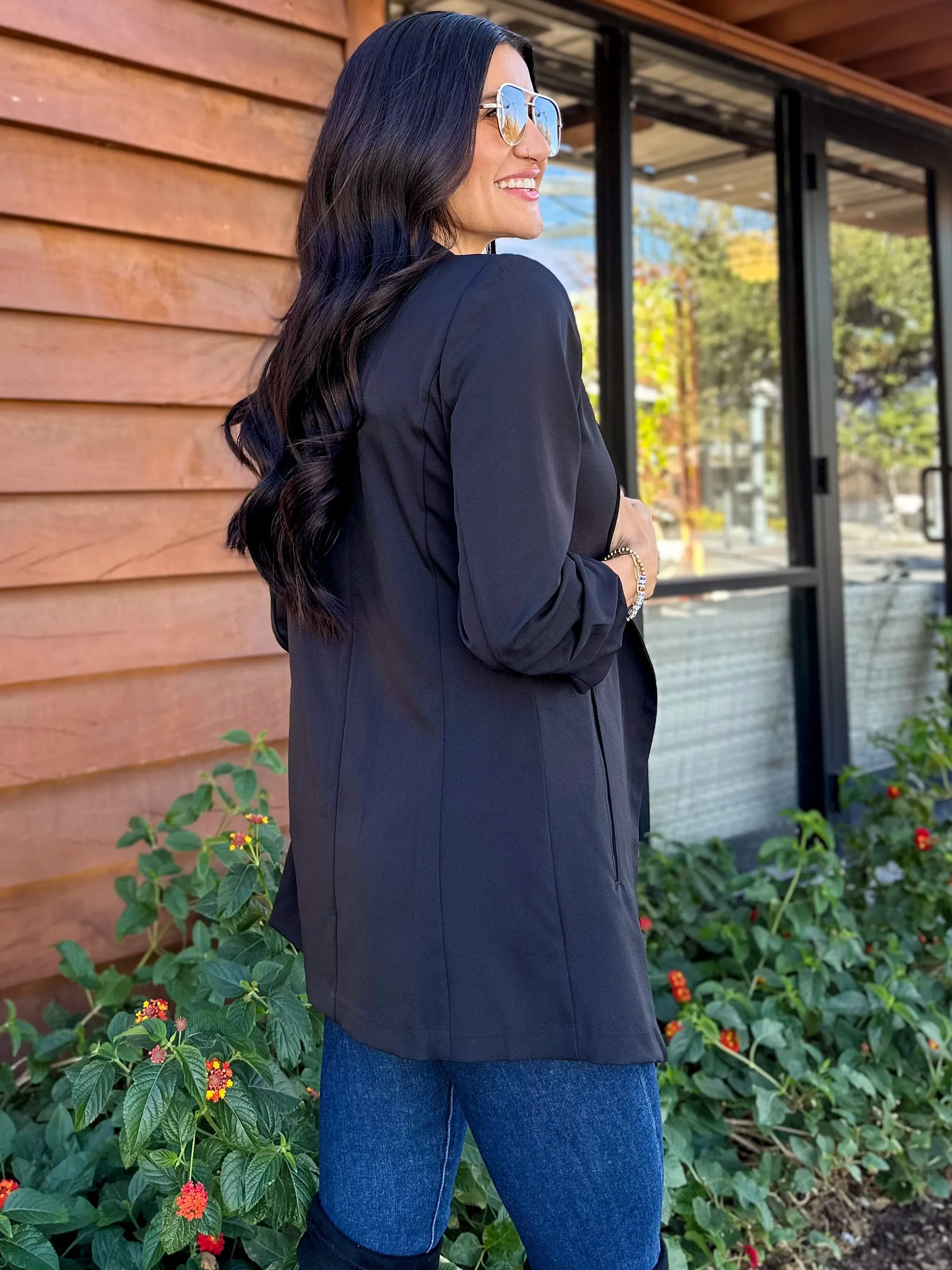 Ruched Sleeve Longline Blazer - Black
