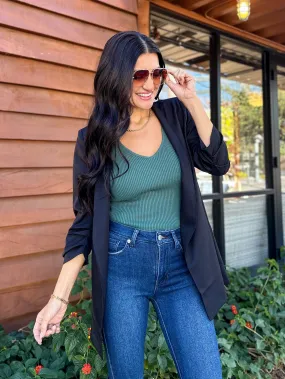 Ruched Sleeve Longline Blazer - Black